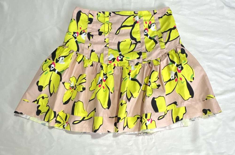 Meow and Barks Couture Pastel Yellow Floral Print Ruffle Mini Skirt Size M